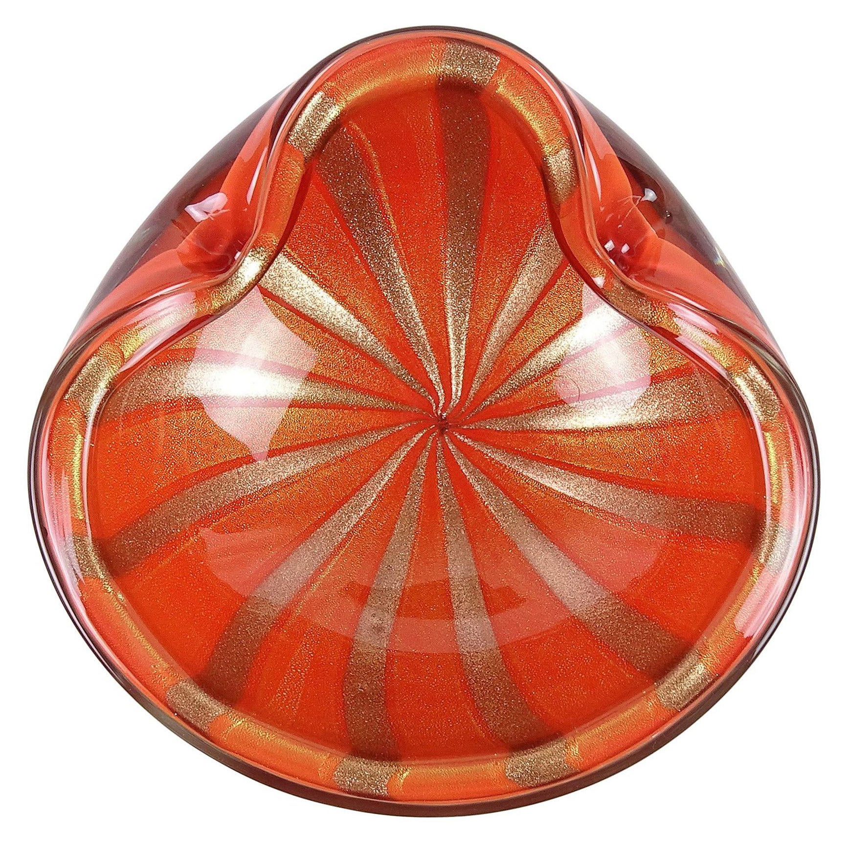 Barbini Murano Orange Gold Flecks Aventurine Stripes Italian Art Glass Bowl For Sale