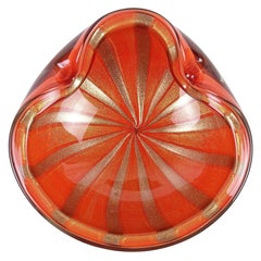 Barbini Murano Naranja Oro Moteado Aventurina Rayas Tazón de vidrio artístico italiano