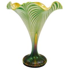 Antique 1920s Rare Quezal Green Pulled Feather Trumpet Vase, Signed and Numbered