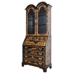 Georgian Chinoiserie Black Lacquered Hand-Painted Drop Front Secretary Desk