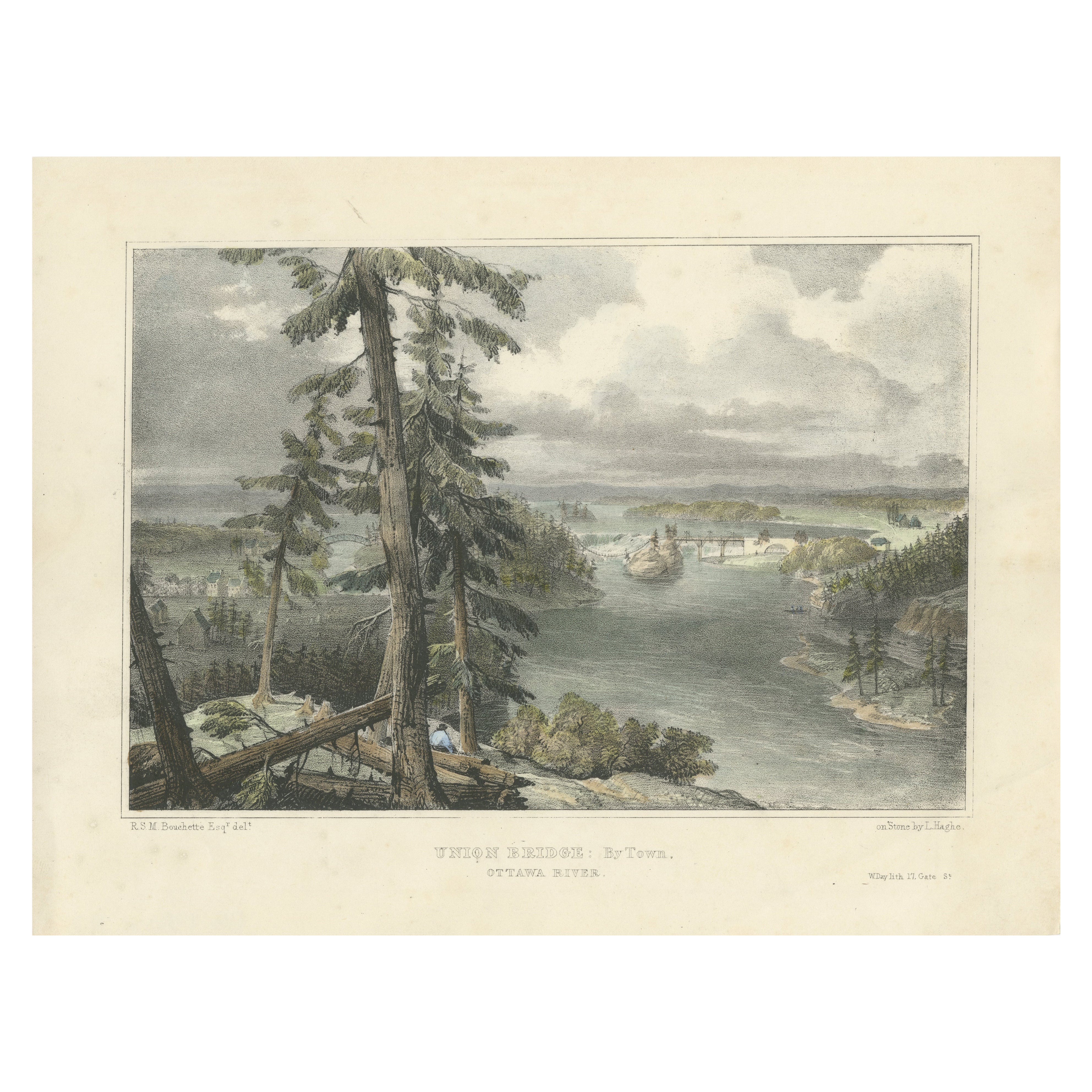 Union-Brücke: By-Town, Ottawa River" - Handkolorierte Lithographie aus dem 19. im Angebot