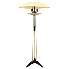 Modeline Tripod Floor Lamp with Fiberglass Saucer Shades, Brass, and Wood, 1950s
