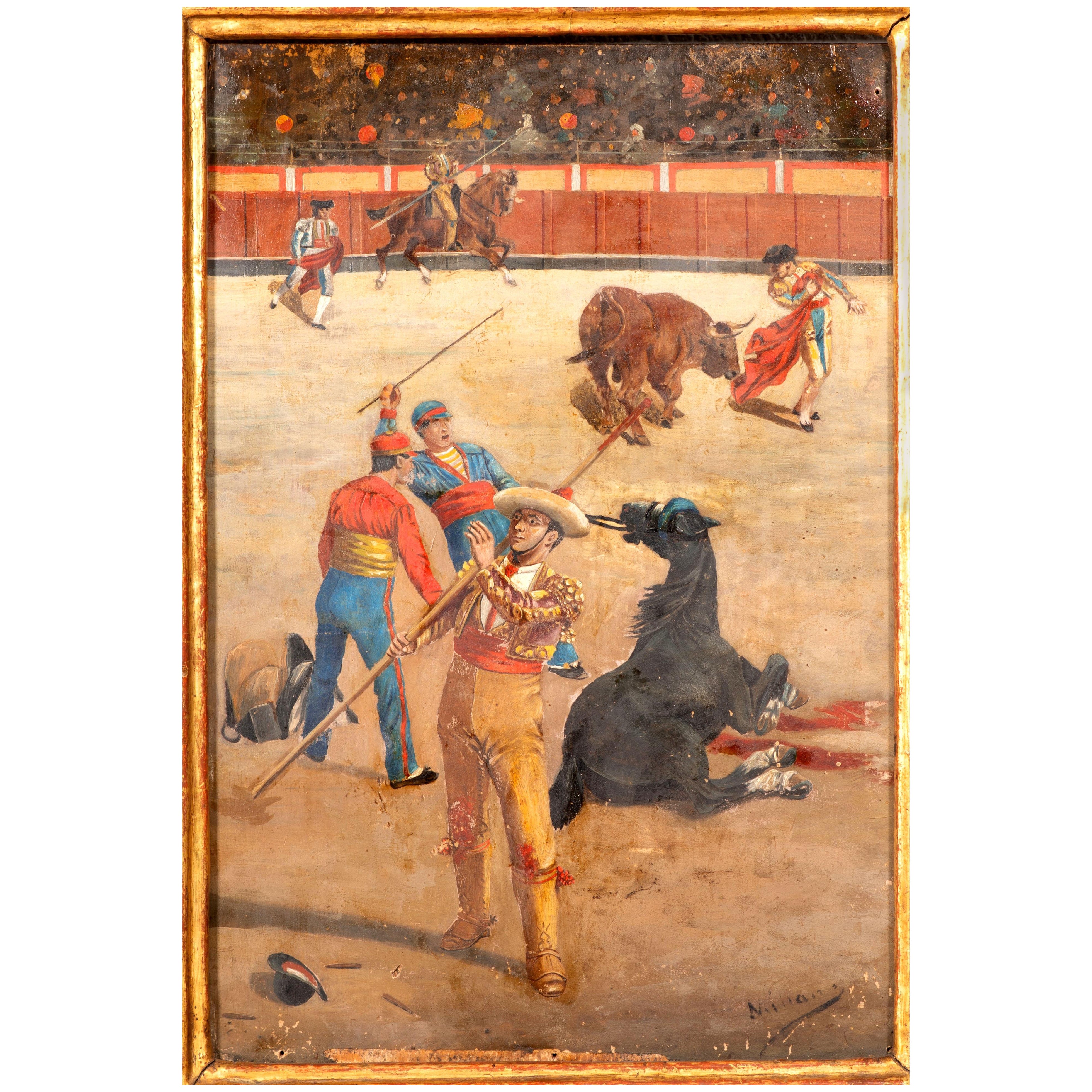 "Scena della corrida". Olio su pannello, inizio del XX secolo.
