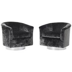 Milo Baughman, Pair of Charcoal Velvet Swivel Chairs, USA, circa 1970s