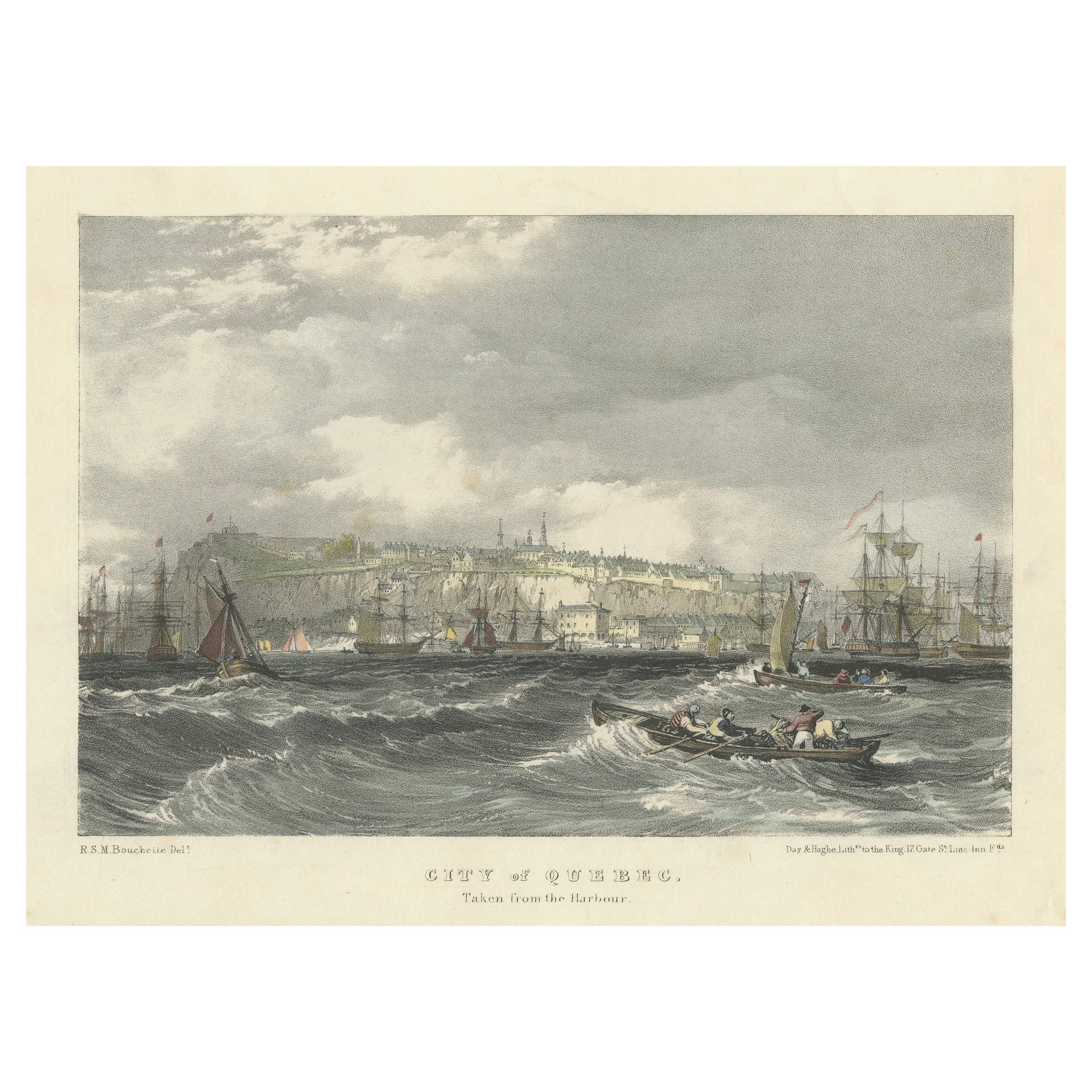 La ciudad de Quebec desde el puerto: Una vibrante litografía marítima del siglo XIX en venta