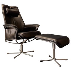 Black Leather Swivel Chair with Matching Footstool
