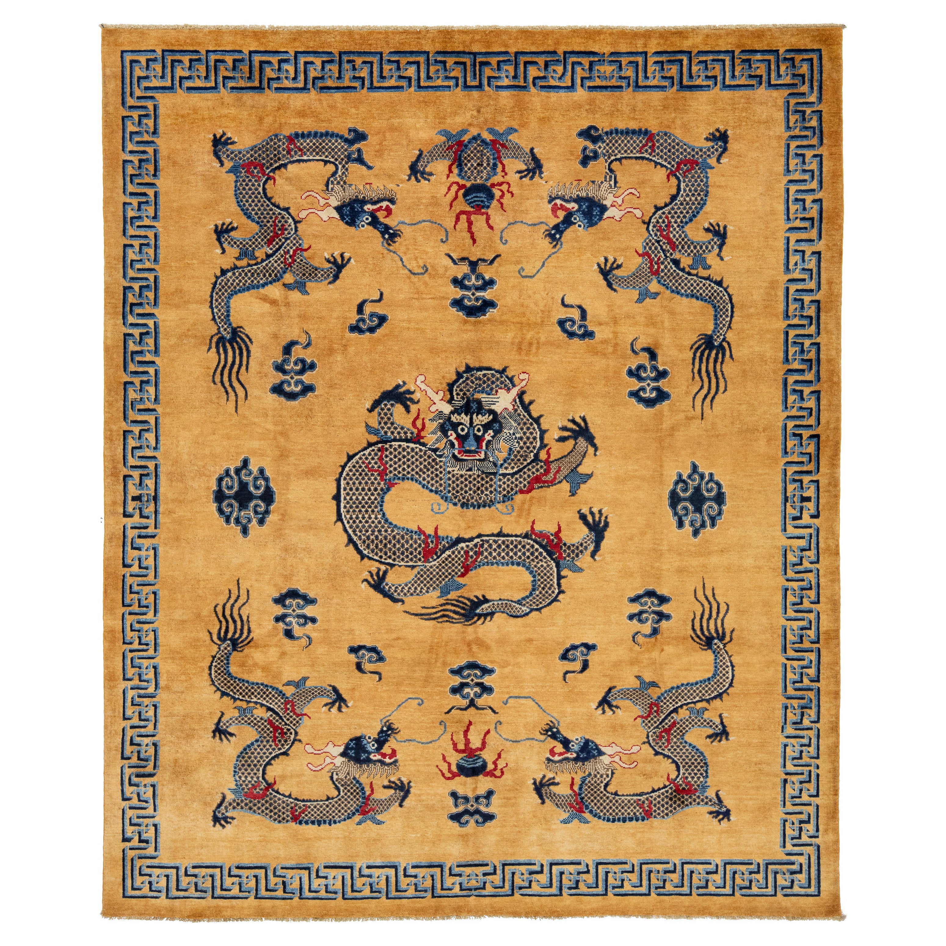 Modern Tan Wool Rug Handmade Chinese Style with a Dragon Design