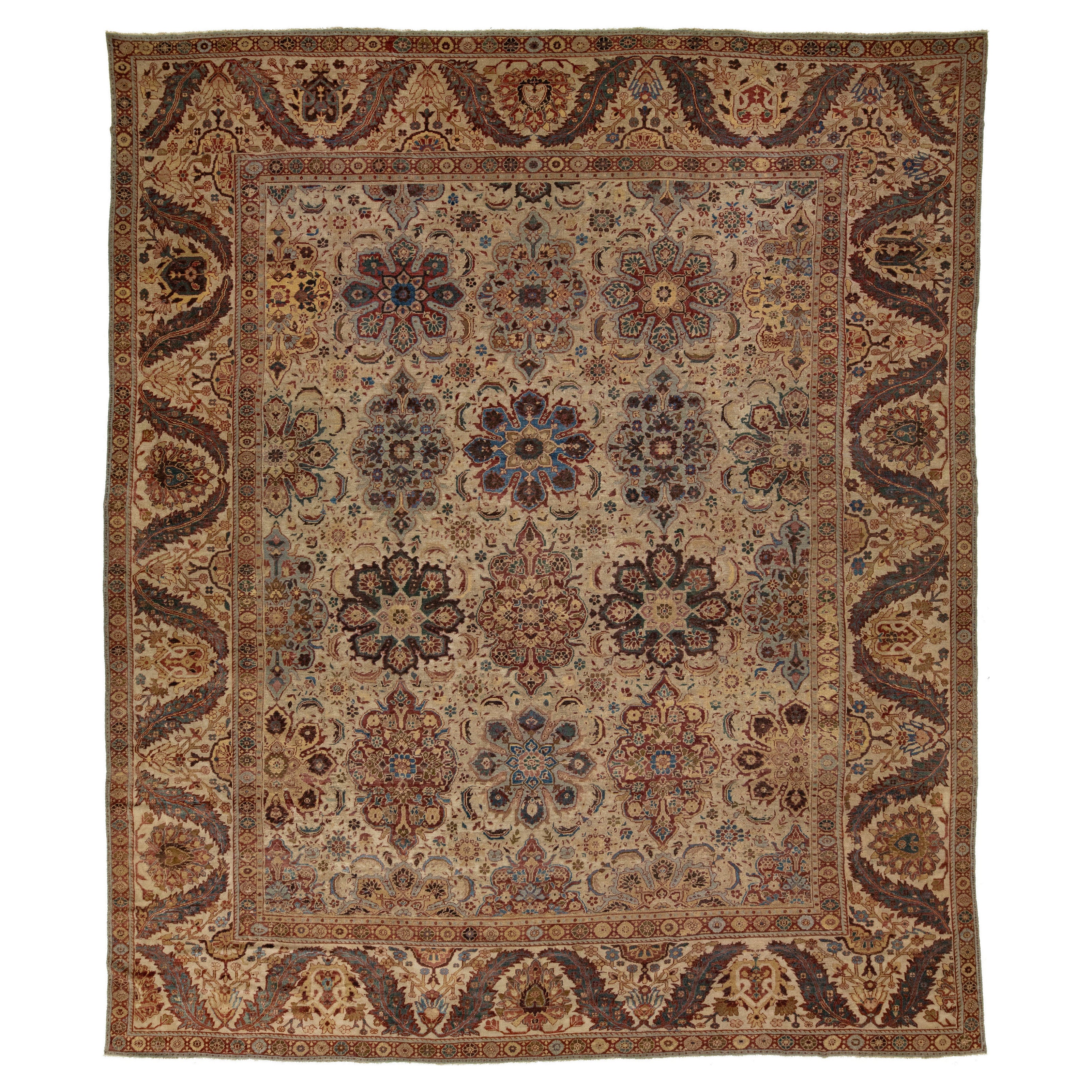 1870s Unique Antique Persian Sultanabad Rug in Beige Wool with Floral Design