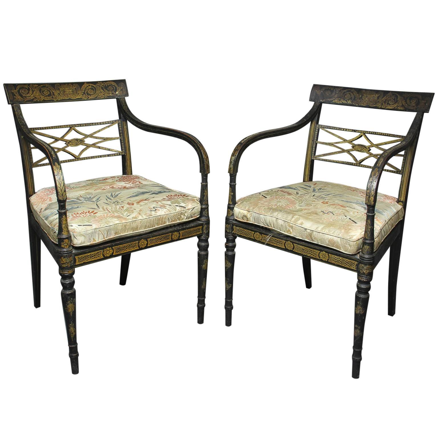 Pair of Regency Ebonized and Gilded Armchairs