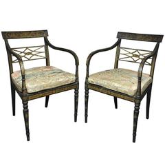 Pair of Regency Ebonized and Gilded Armchairs