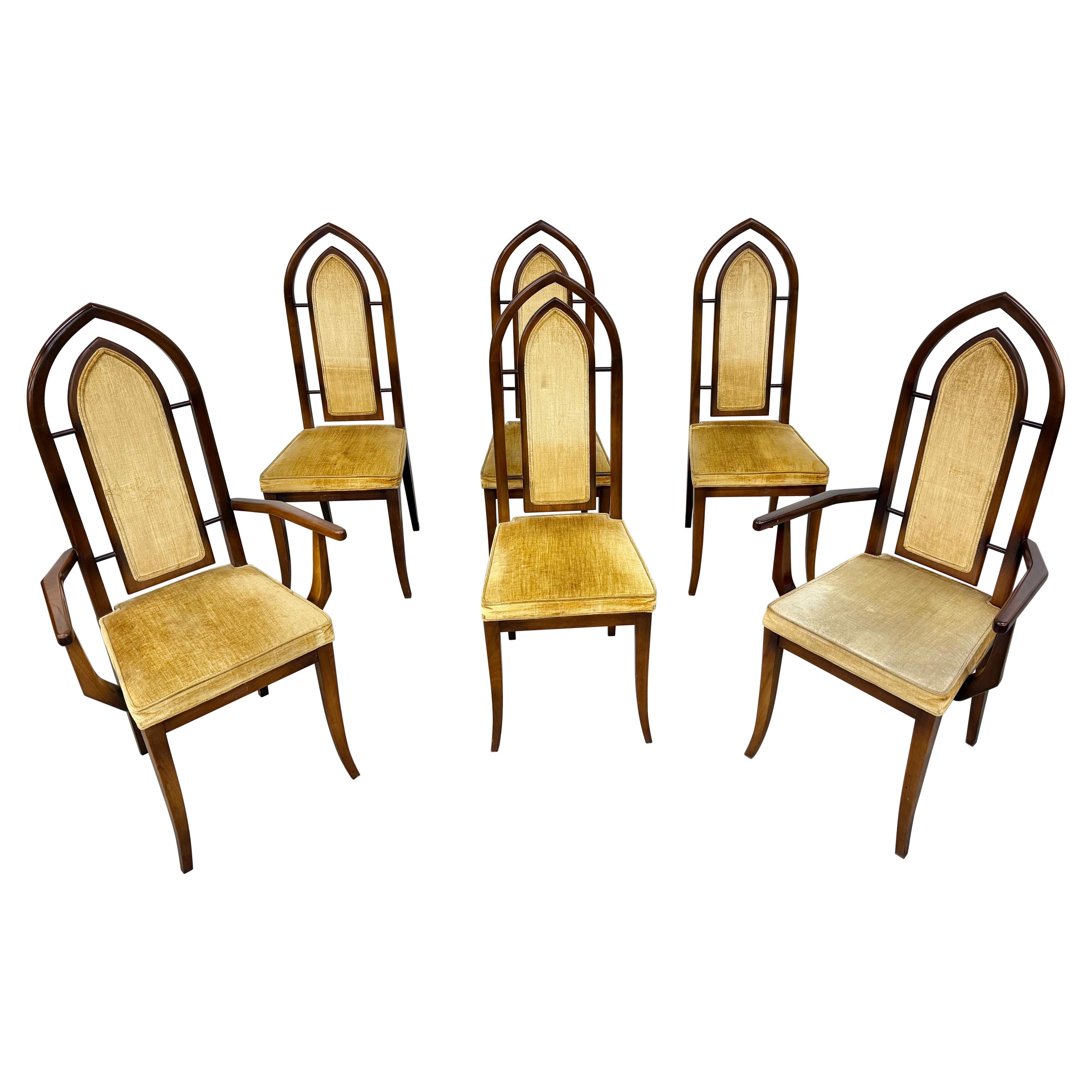 Mid-Century Modern Gothic Style Walnut Dining Chairs - Set of 6