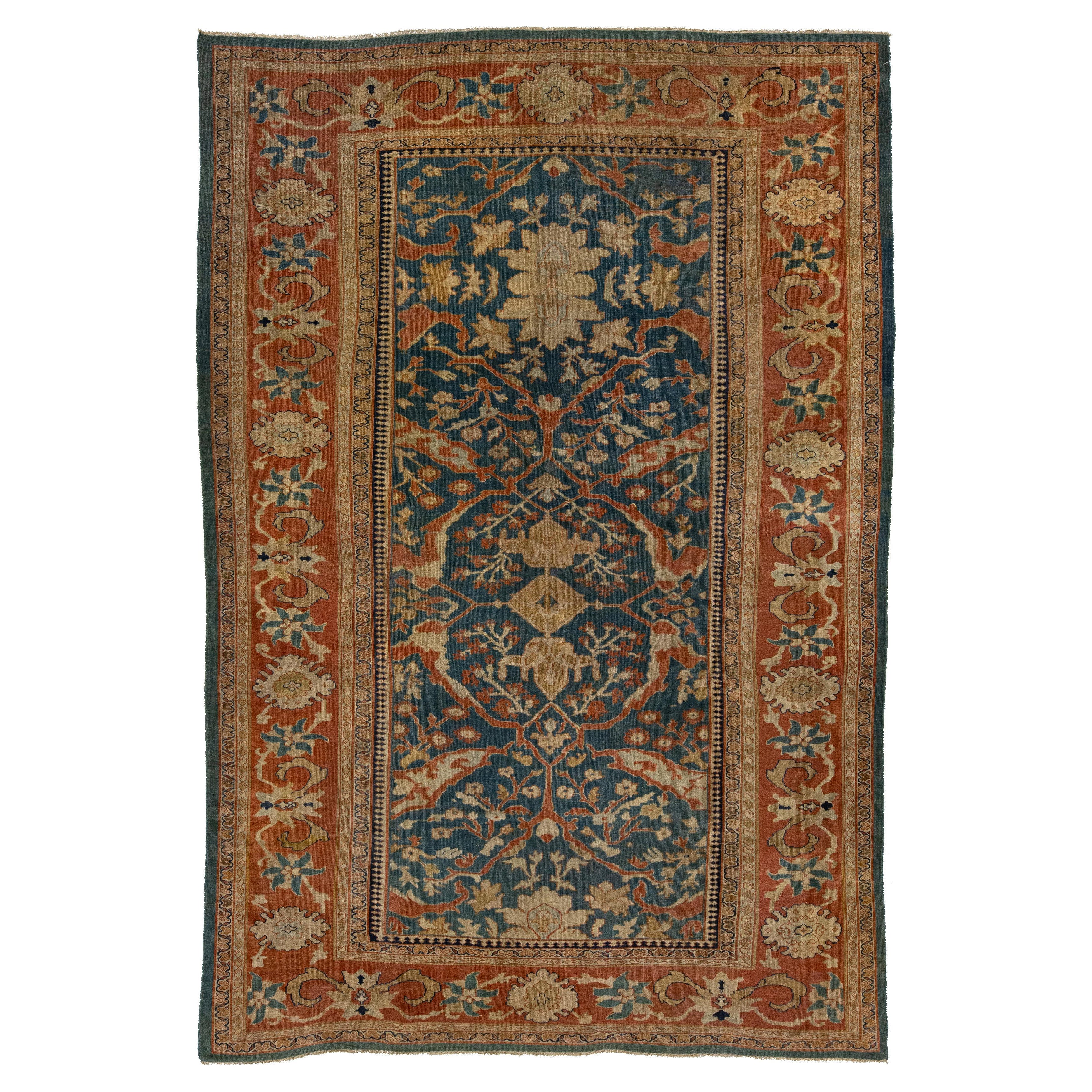 Tappeto blu antico in lana persiana Sultanabad Rugs fatto a mano del 1900