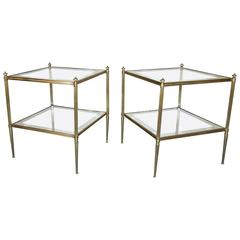 Pair of French Brass Side or End Tables with Inset Mirrored Tops