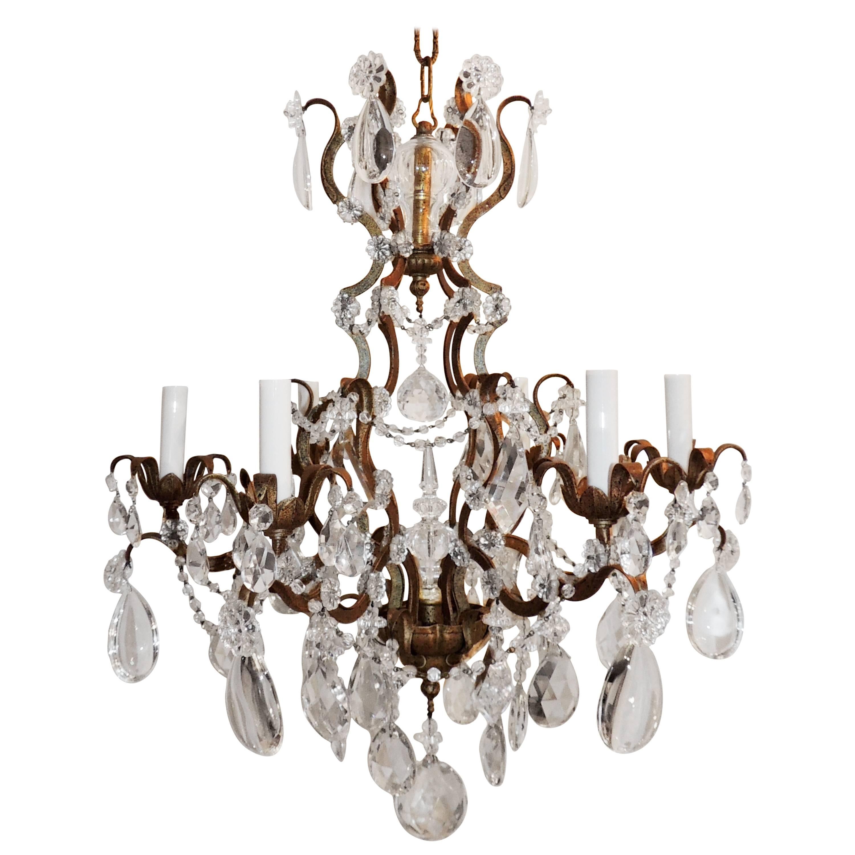 Wonderful French Bronze Gilt and Cut Crystal Baguès Chandelier Beaded Fixture