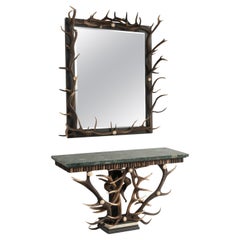 Vintage Bone, Antler, Wood, Horn and Marble Console Table and Mirror Set, 1970s