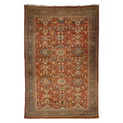 Allover Floral Designed Handmade Mahal Wool Rug In Red From The 1880s