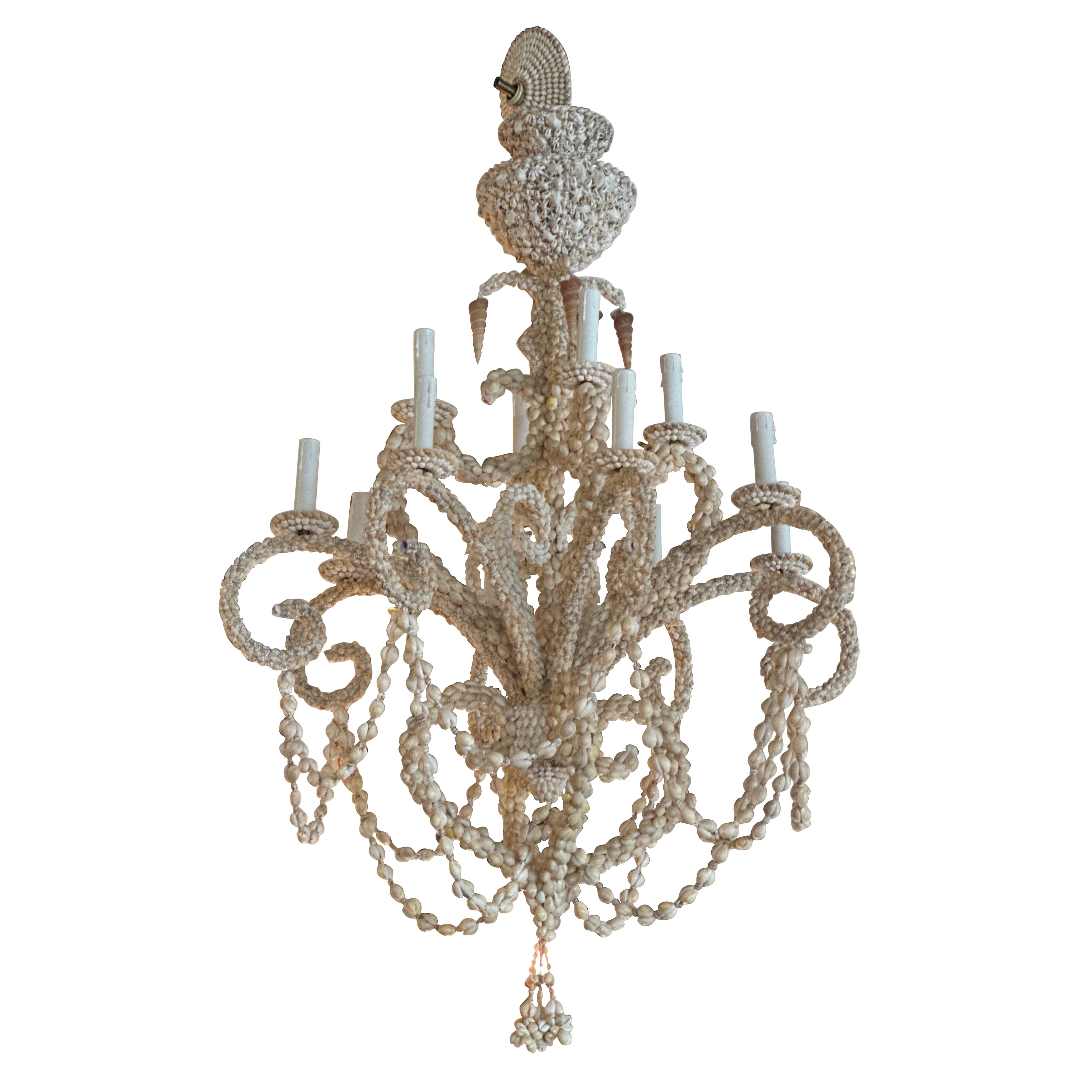Vintage Shell Seashell Encrusted Coastal Palm Beach 12 Light Chandelier For Sale