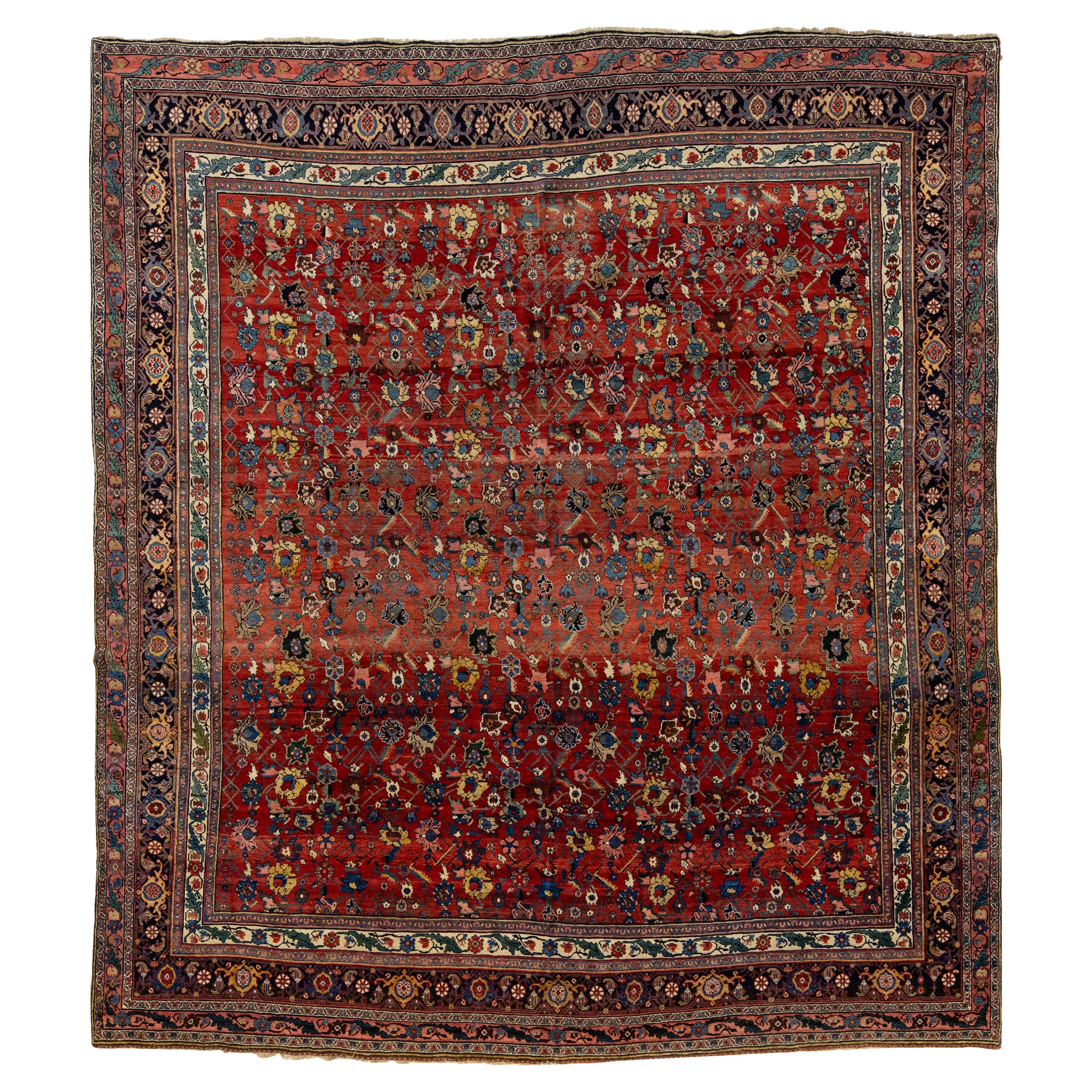 11 x 12 Tappeto antico Bidjar fatto a mano in lana rossa a trifoglio risalente al 1890