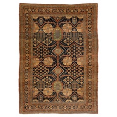 1880s Unique Antique Persian Tabriz Designed Wool Rug Handmade in Dark Blue