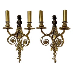 Pair Antique French Louis XVI Ormolu & Patinated Bronze Wall Sconces, Circa 1890