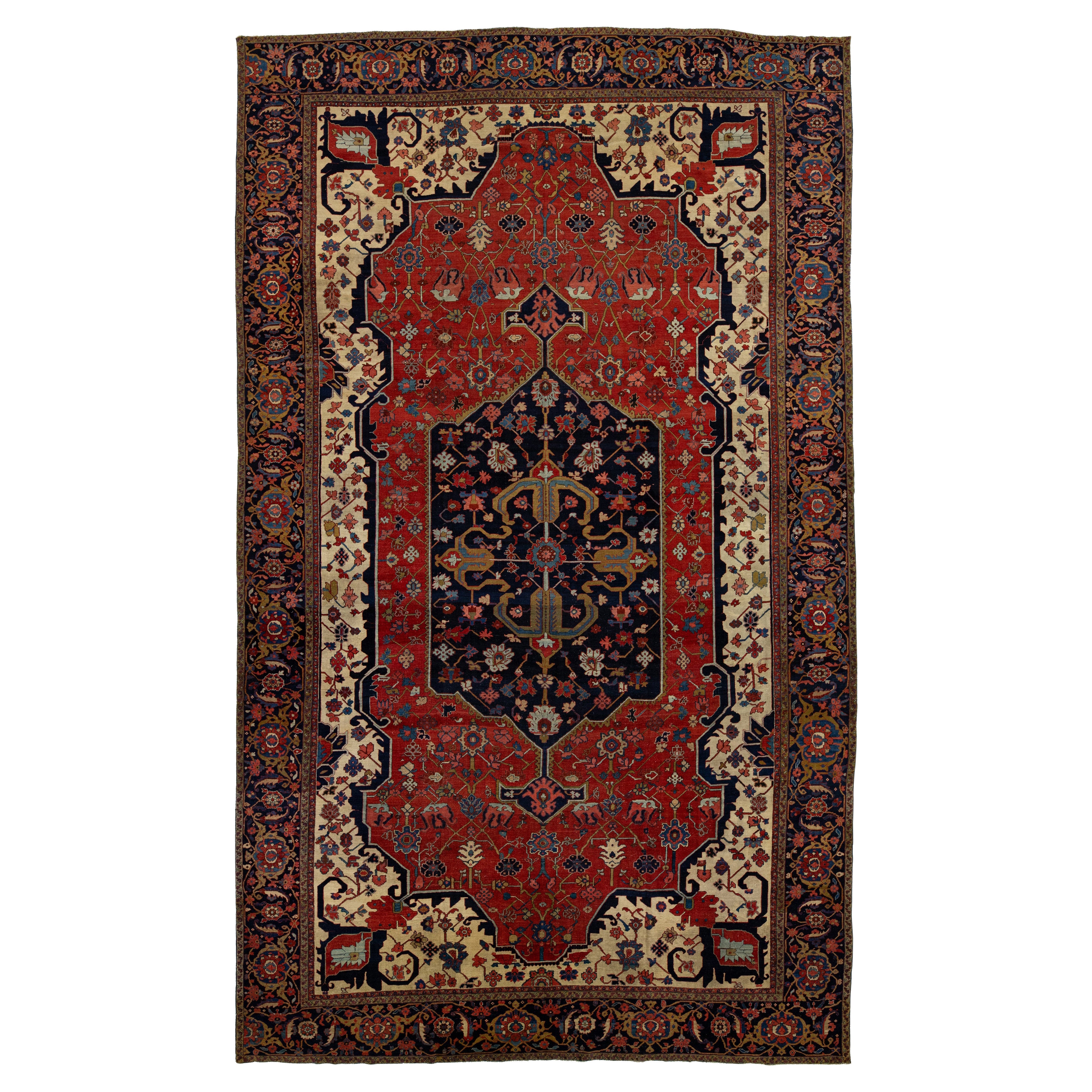 1880s Antique Persian Heriz Red Wool Rug With Medallion Design