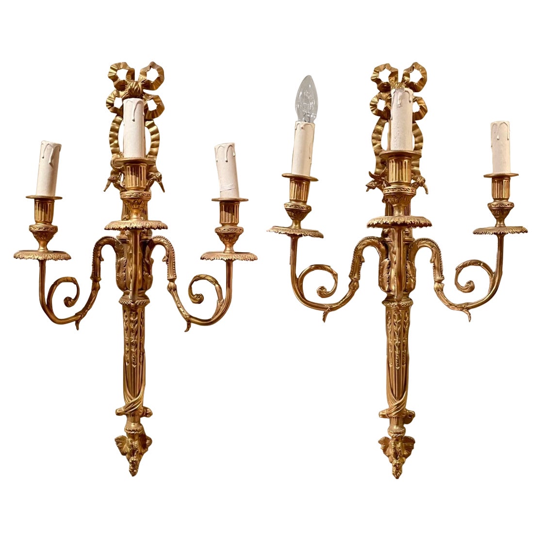 Pair Antique French Louis XVI Bronze D'Ore Wall Sconces, Circa 1890.