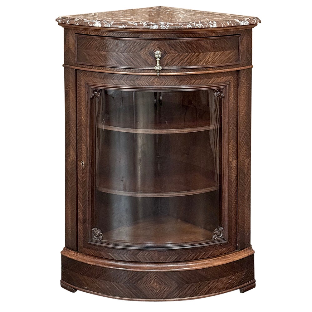 19th Century French Louis XVI Rosewood Marble Top Corner Vitrine ~ Cabinet For Sale