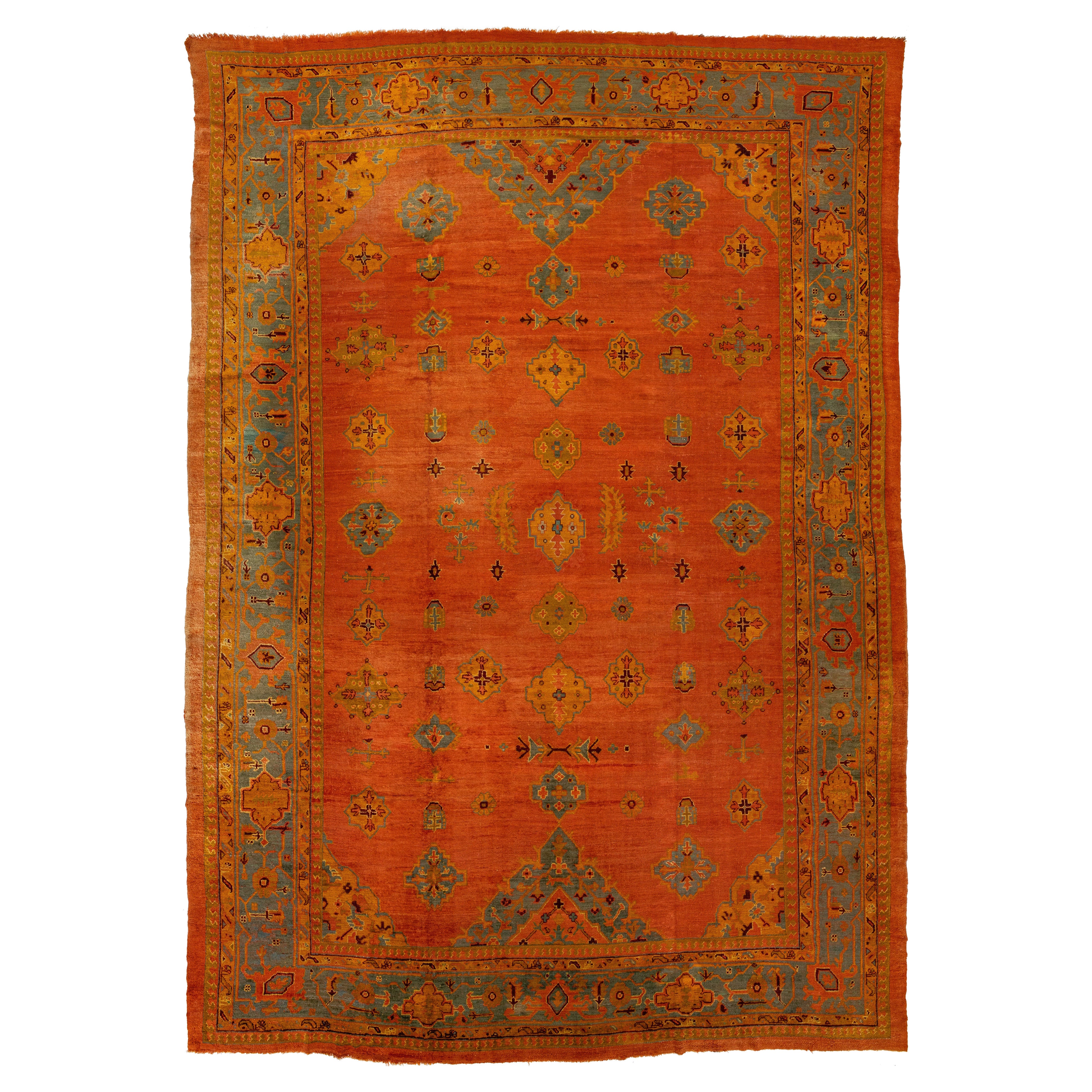 Tapis en laine surdimensionné Oushak antique turc orange à motifs allover