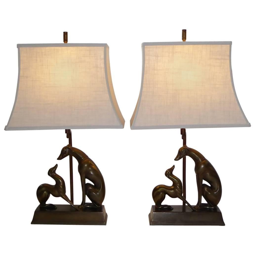 Pair of Art Deco Period Whippet Figural Table Lamps
