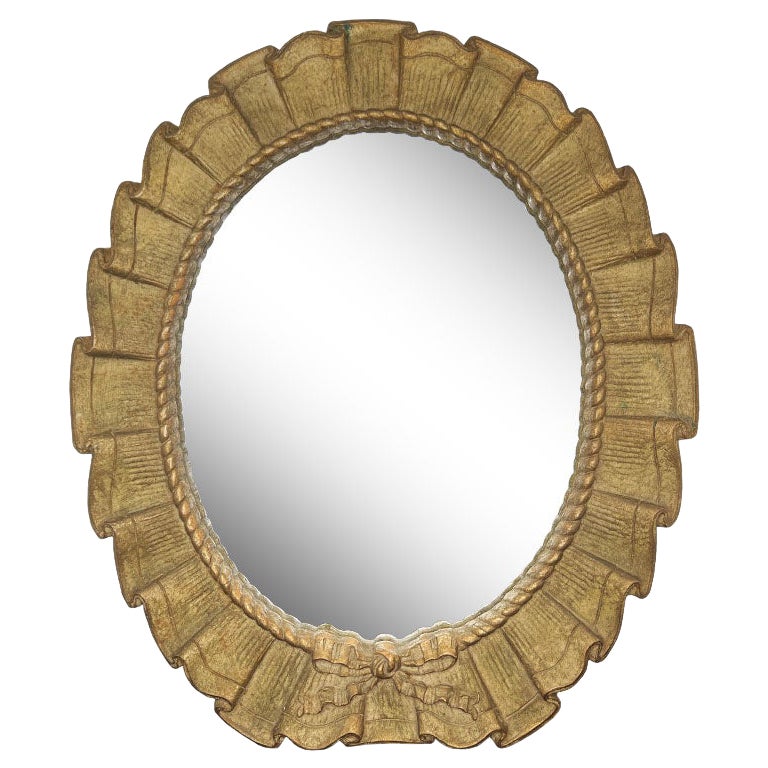 Miroir de table vintage ovale Louis XVI en bois doré avec nœud et accents L'Oeil