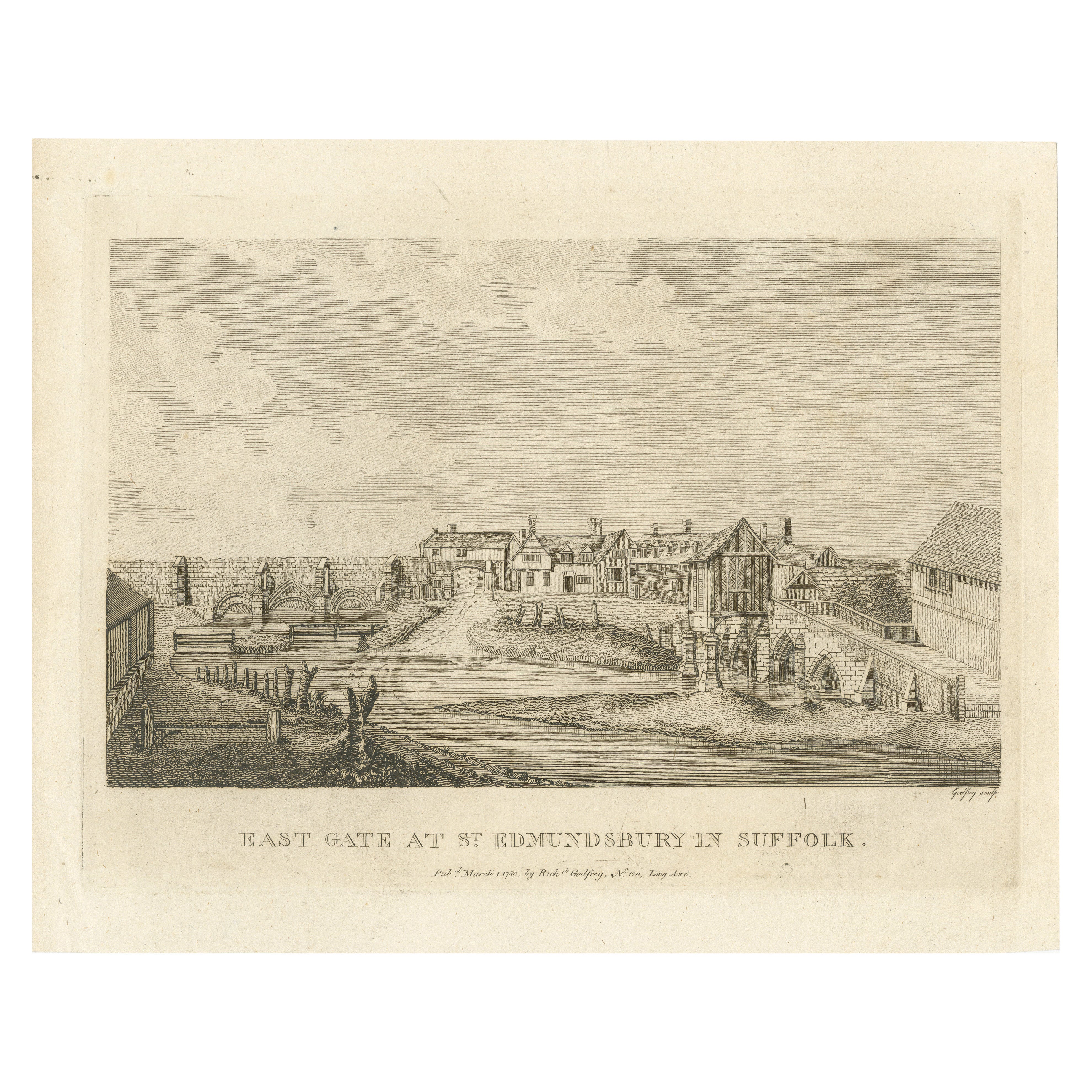 Puerta Este de St. Edmundsbury, Suffolk: 1780 Grabado de Richard Godfrey