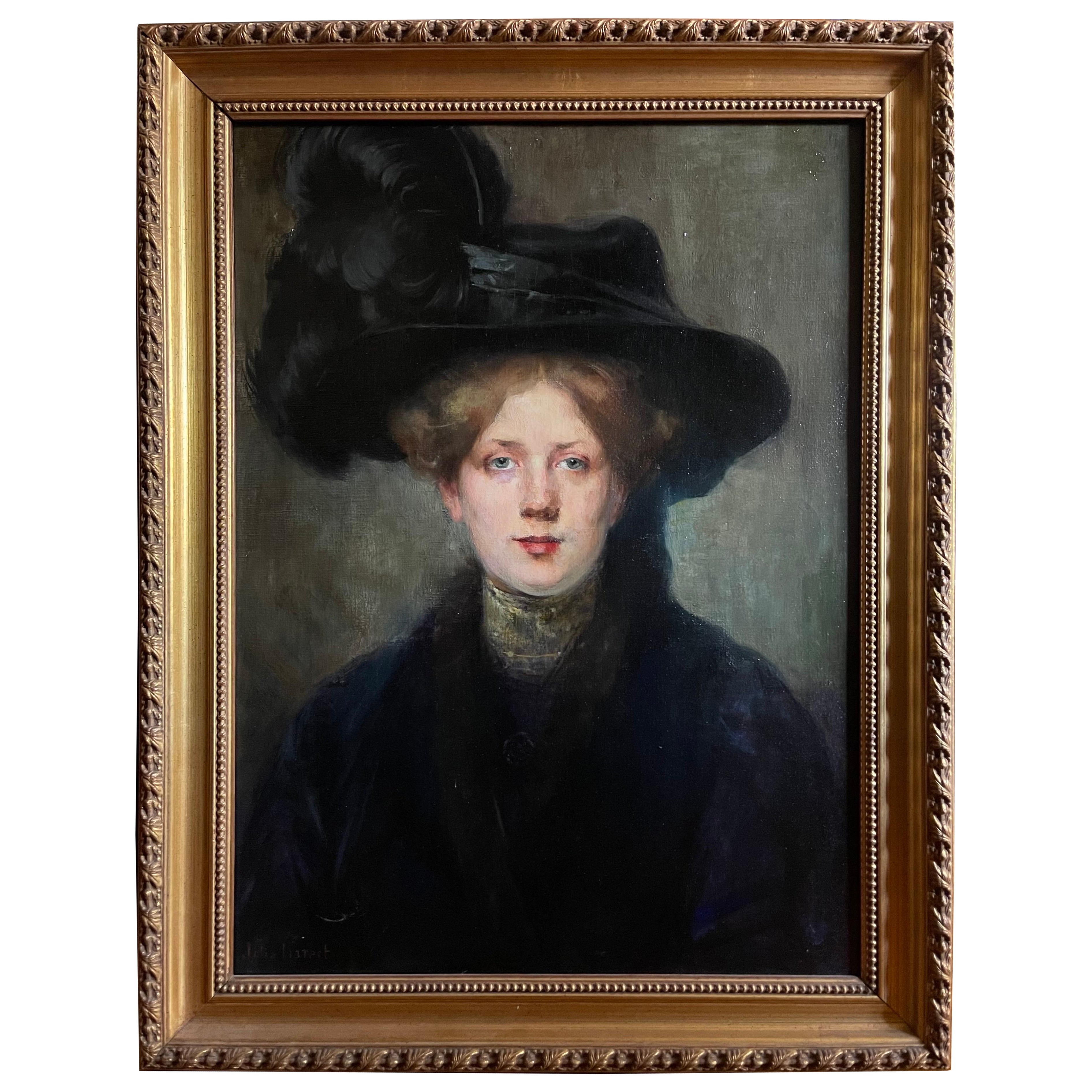 Oil on canvas, Portrait Mademoiselle With a Hat 19th France Signed Julie Marest For Sale