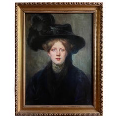 Oil on canvas, Portrait Mademoiselle With a Hat 19th France Signed Julie Marest