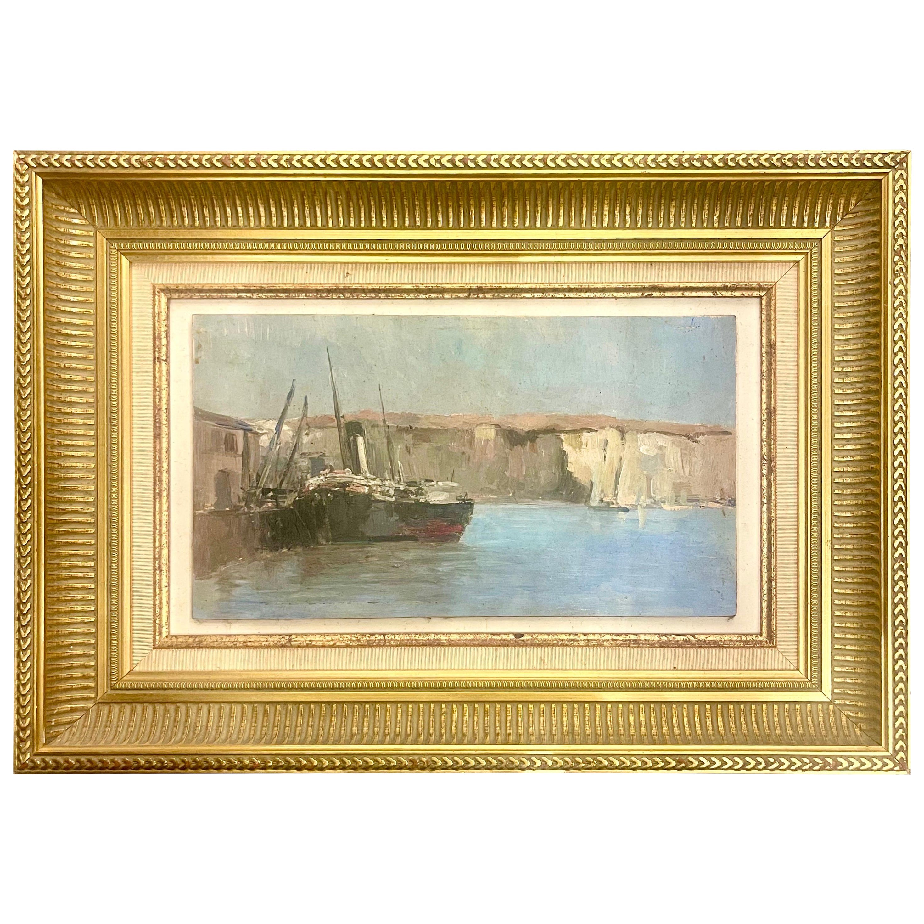 Oil Painting on Panel Coastal of Normandy Port Boat 1920 France