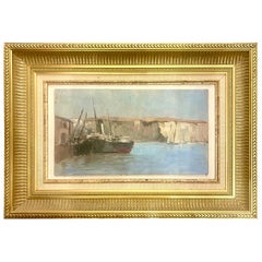 Oil Painting on Panel Coastal of Normandy Port Boat 1920 France