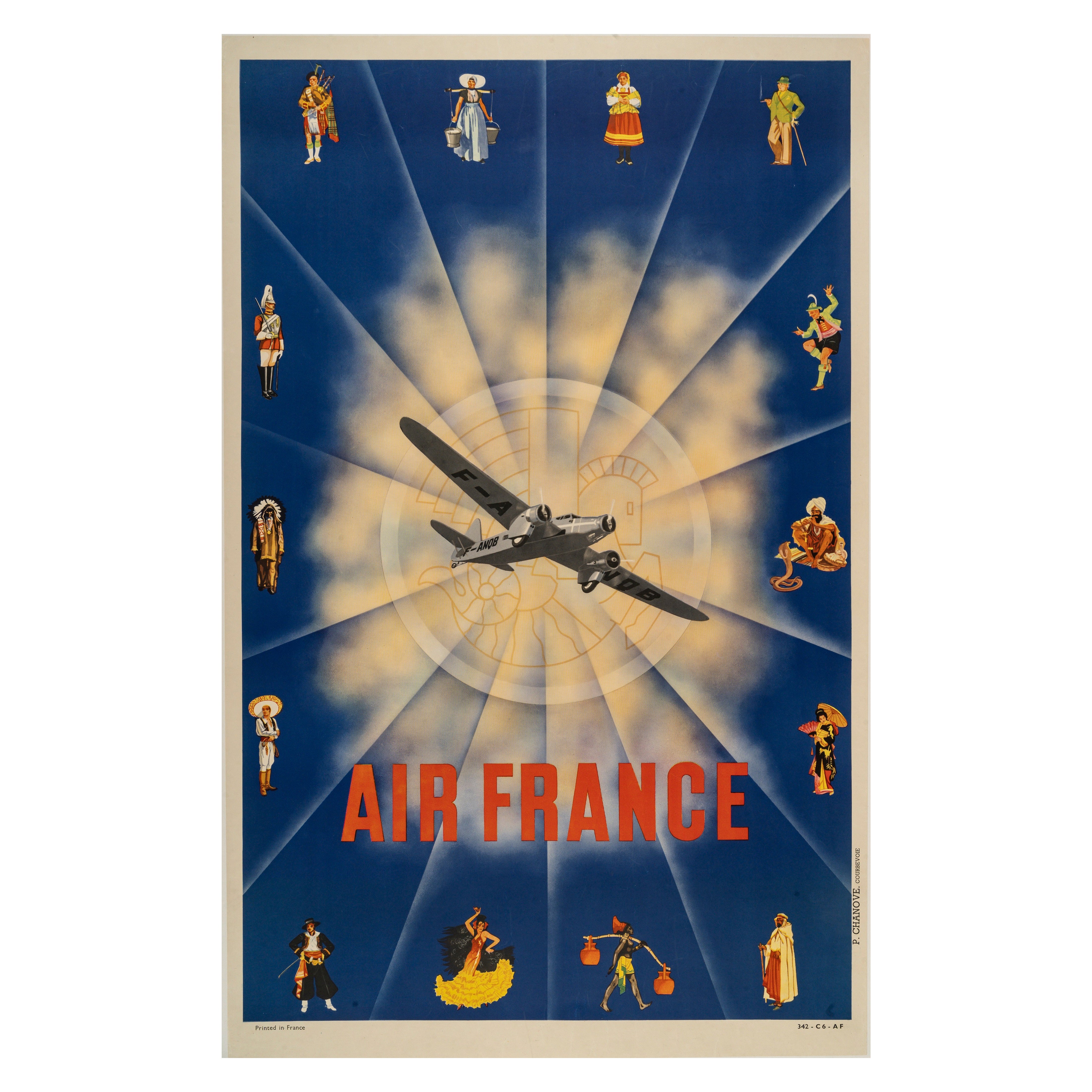 Affiche originale d'Air France, Flamenco, Kimono, Sombrero, Kilt, Dewoitine, 1935 en vente