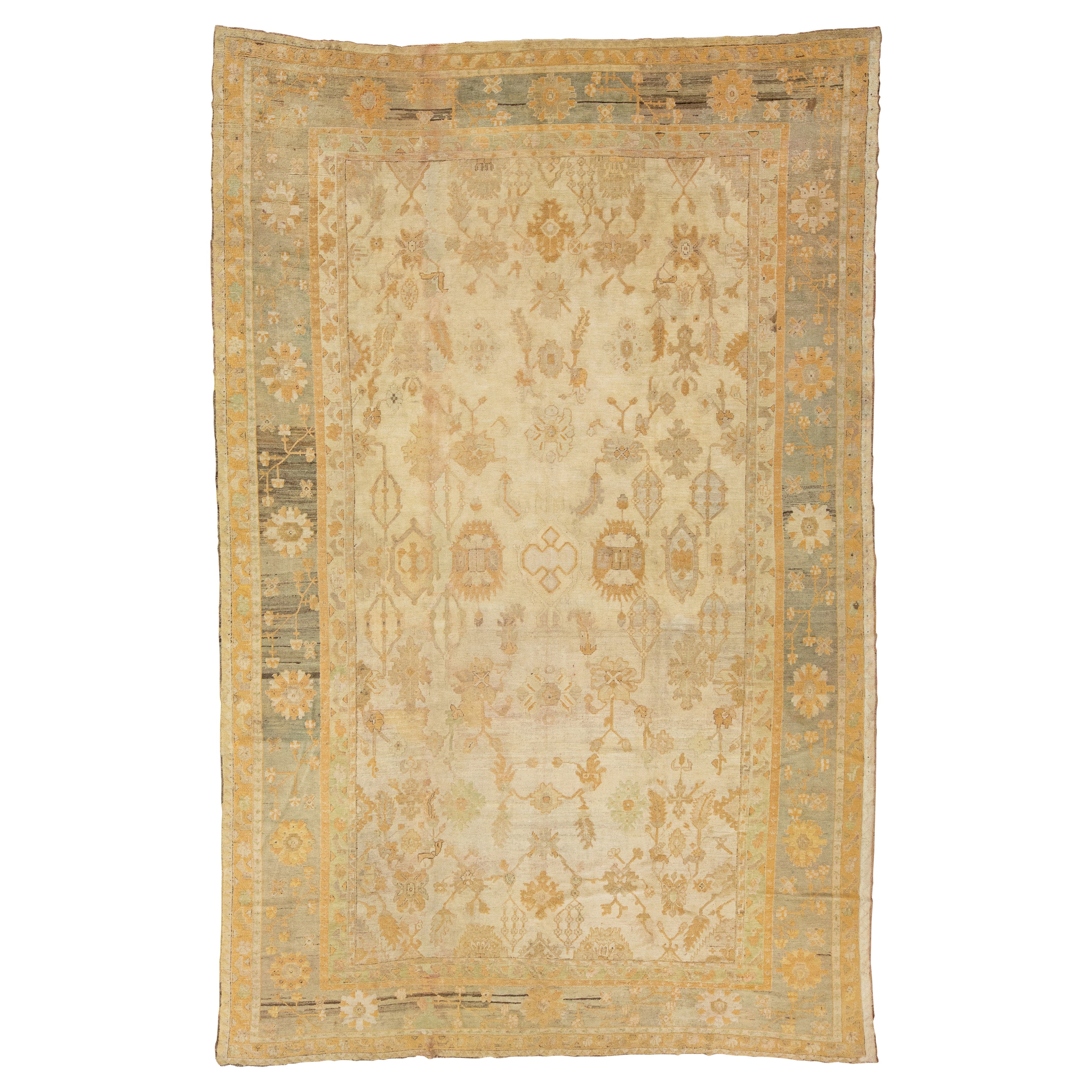 Beige Turkish Oushak Antique Oversized Wool Rug Featuring  a Floral Design