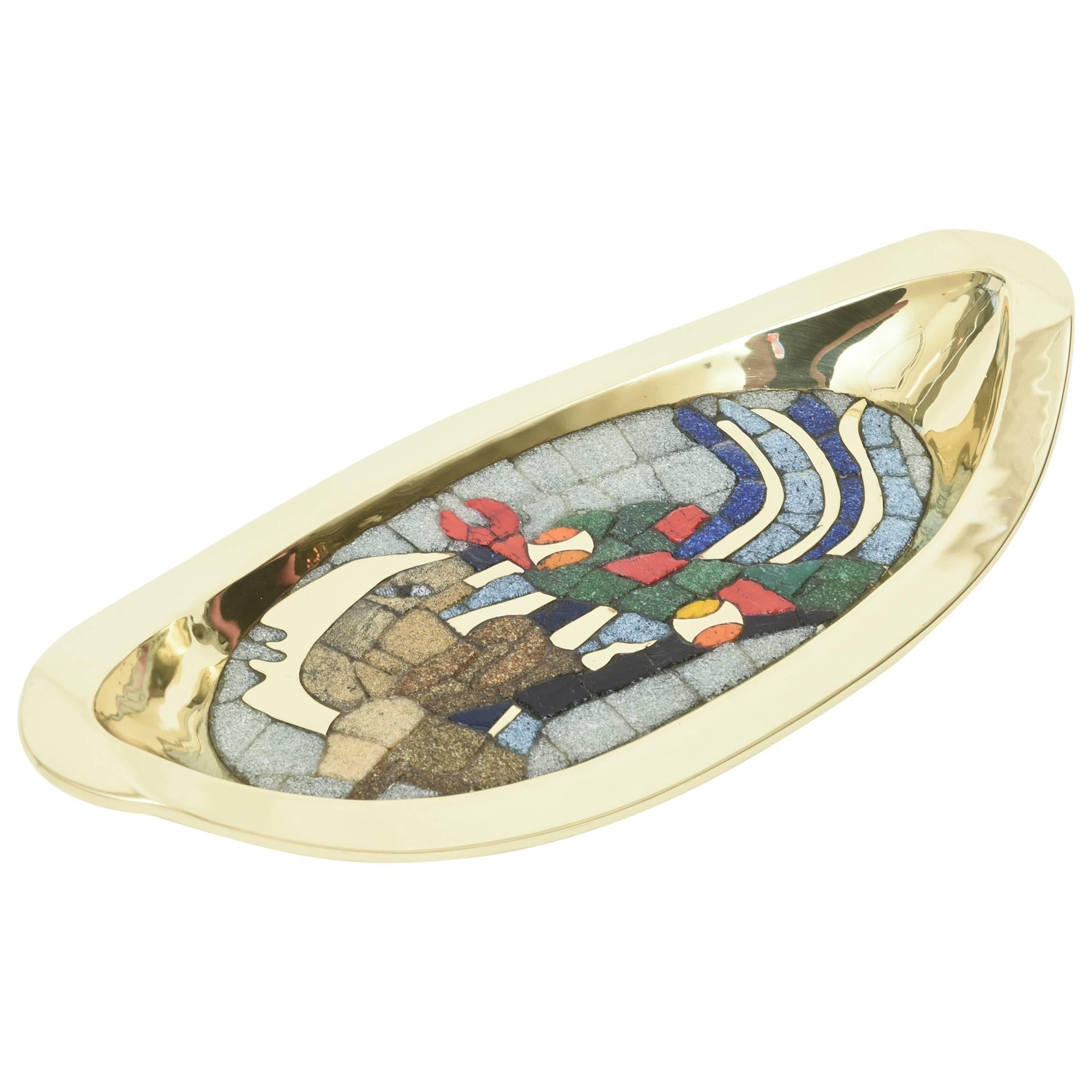 Teran Attributed Hand-Wrought Polished Brass and Glass Mosaic Abstract Bowl