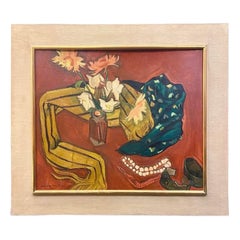Pittura a olio su pannello Natura morta con gioielli firmata Antoine Martinez 1940