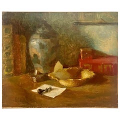 Oil on Canvas Still Life With Books and Pot Sign Reinar 1940 France