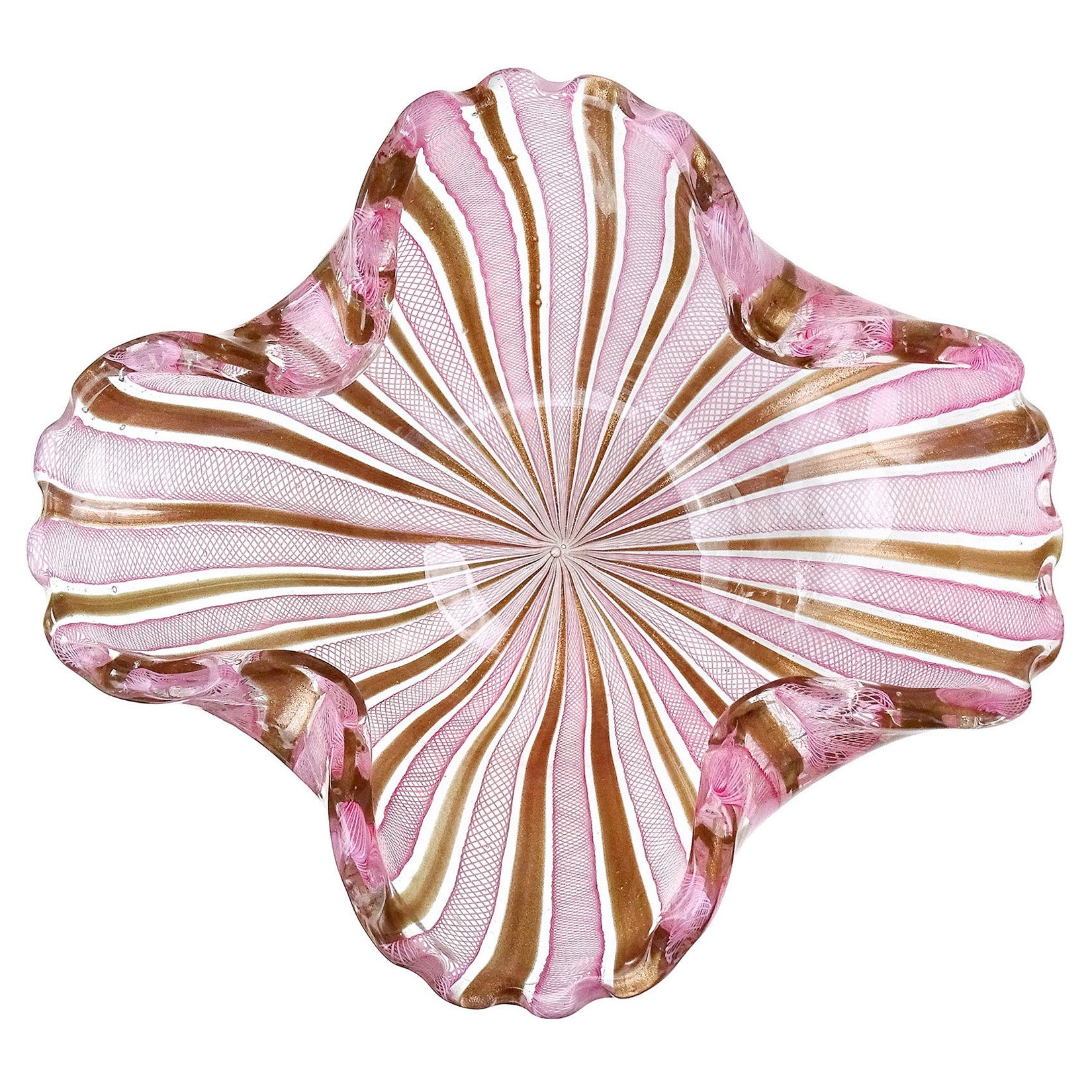 Bol en verre d'art italien de Murano rose, blanc et cuivre avec rubans d'aventurine des Fratelli Toso