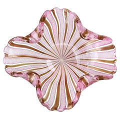 Bol en verre d'art italien de Murano rose, blanc et cuivre avec rubans d'aventurine des Fratelli Toso
