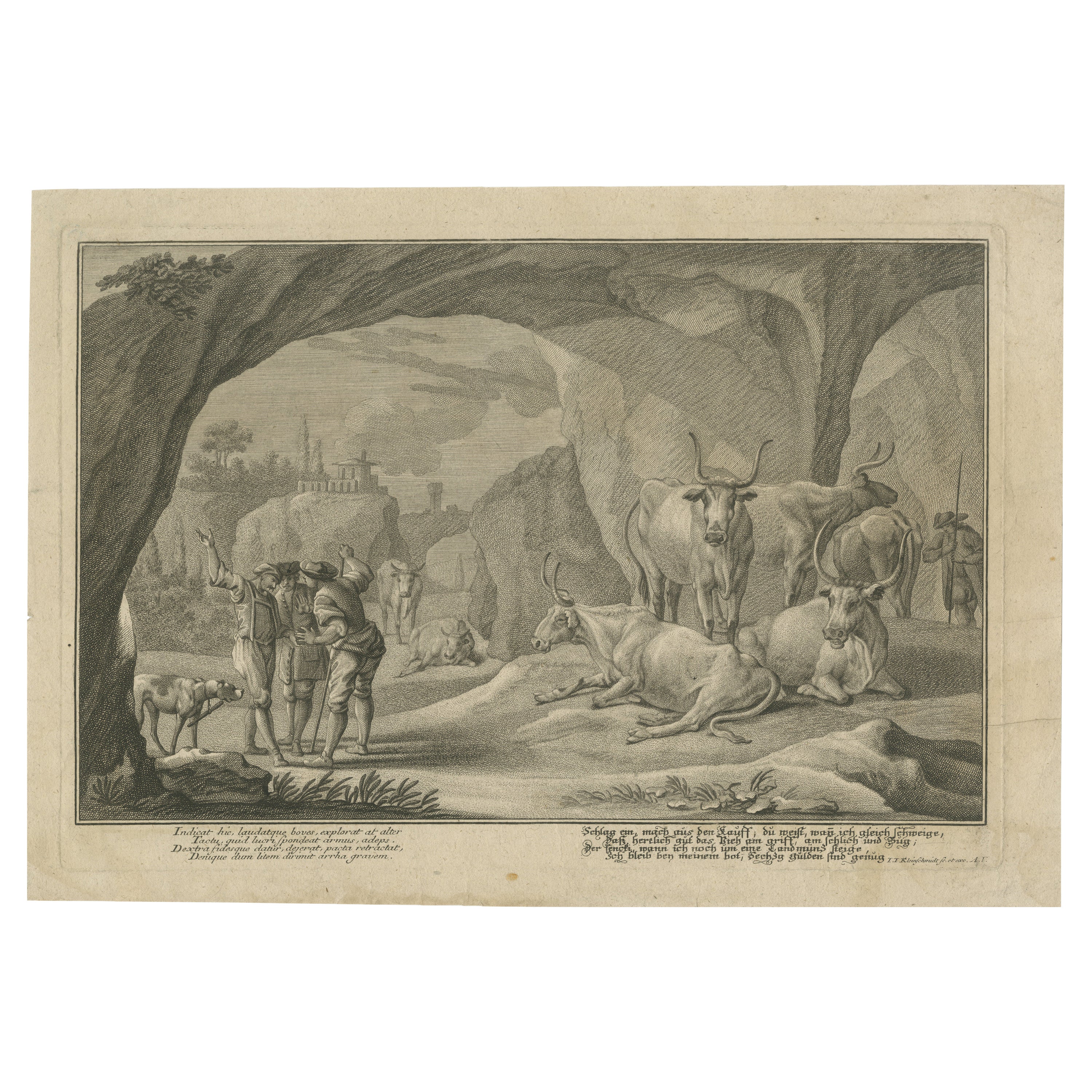 Incisione pastorale del XVIII secolo di Johannes Kleinschmidt: Bestiame e figure
