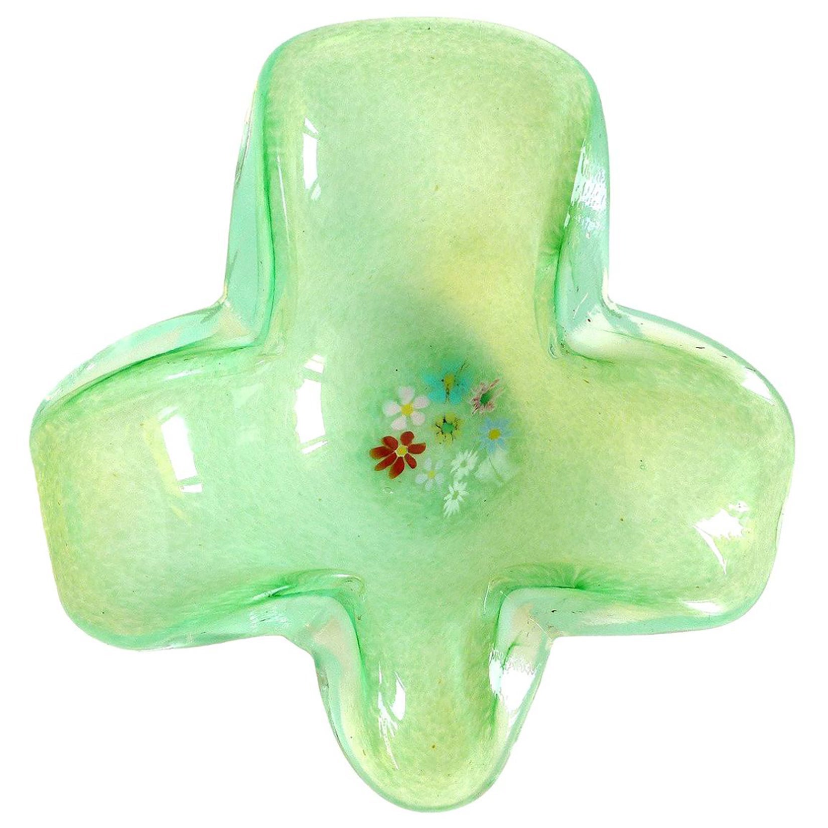 Fratelli Toso Tazón de Murano Millefiori Verde Blanco Opalescente de Vidrio Artístico Italiano