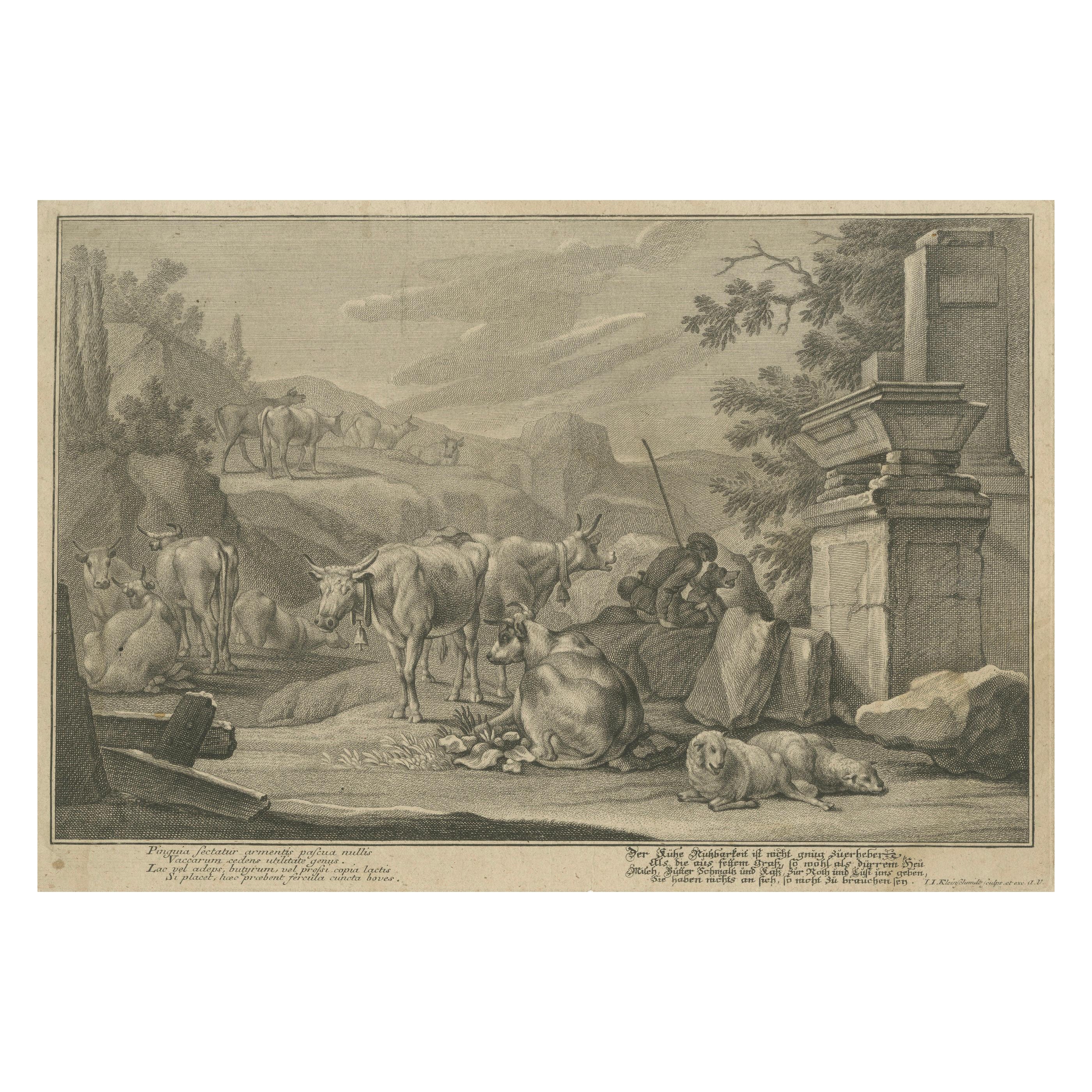 Pastoral Engraving by Johann Jakob Kleinschmidt: Shepherd, Cattle, and Ruins