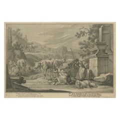 Pastoral Engraving by Johann Jakob Kleinschmidt: Shepherd, Cattle, and Ruins