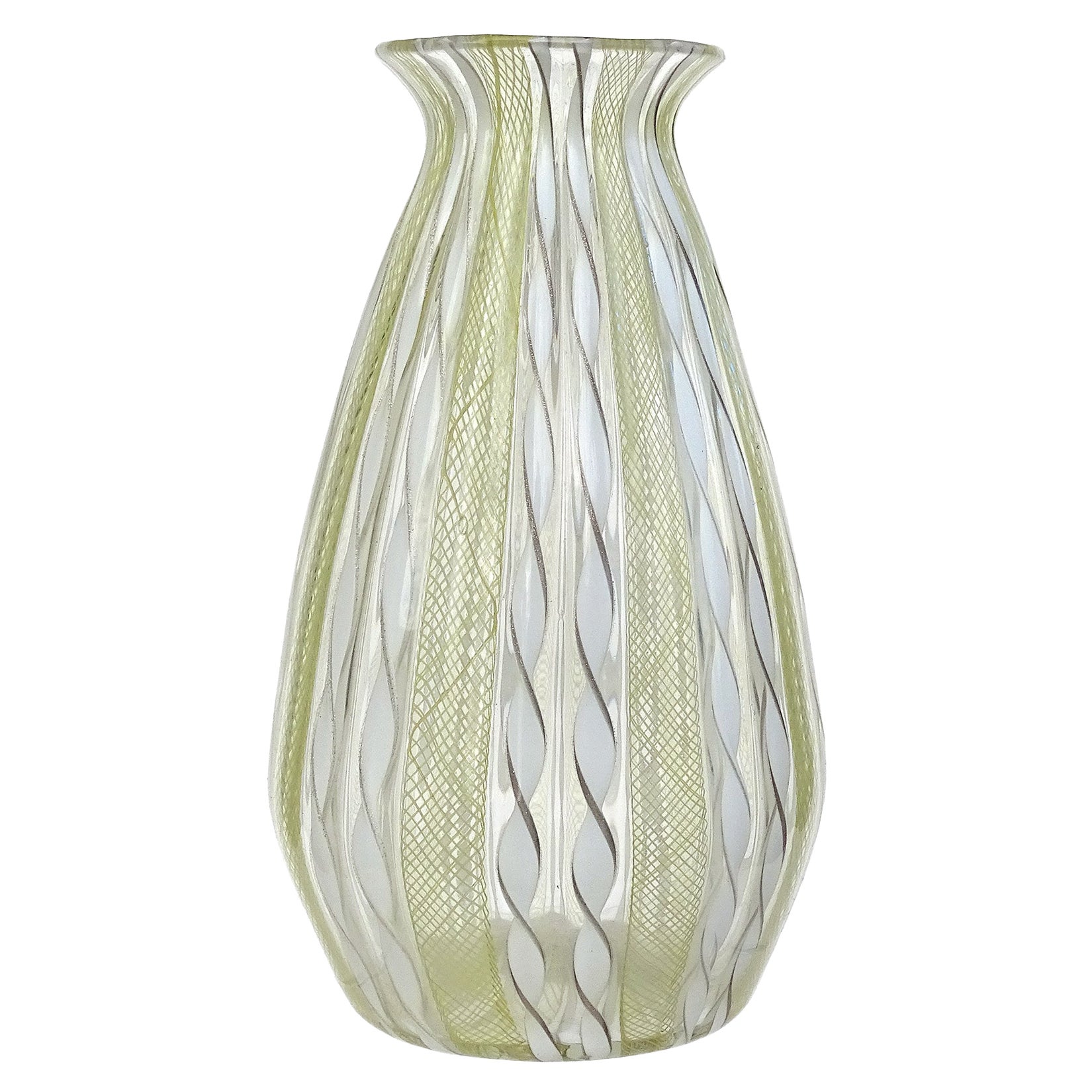 Murano Yellow White Aventurine Ribbon Italian Art Glass Mid-Century Flower Vase