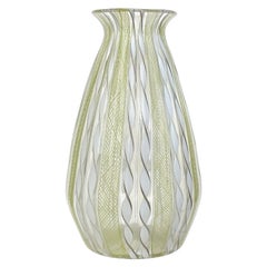Murano Yellow White Aventurine Ribbon Italian Art Glass Mid-Century Flower Vase