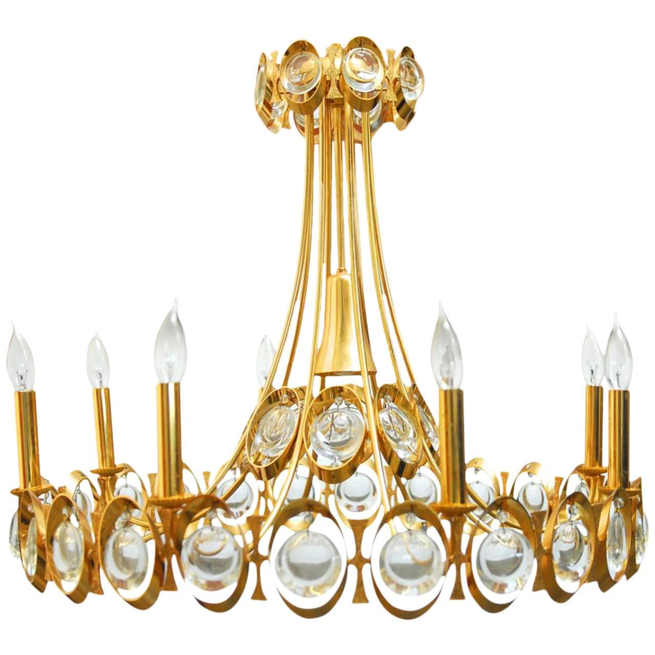 Eight-Light Modernist Gilded Brass Chandelier by Palwa