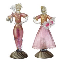 Murano Sommerso Pink Gold Flecks Italian Art Glass Male Female Farmer Sculptures